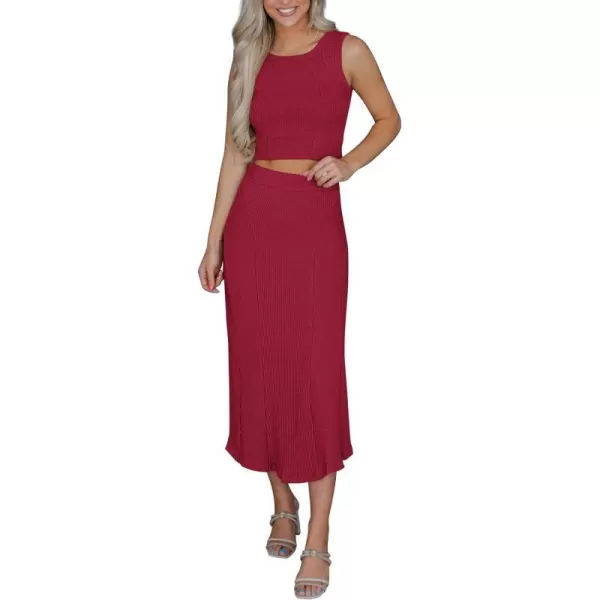 imagePRETTYGARDEN Womens Summer Two Piece Outfits Ribbed Crewneck Sleeveless Cropped Tank Tops and Bodycon Midi Skirt Matching SetWine Red