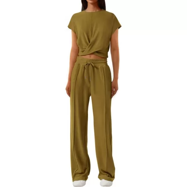 imagePRETTYGARDEN Womens Summer Two Piece Outfits Tracksuit Twist Front Crop Tops T Shirts Wide Leg Pants Matching Lounge SetsArmy Green