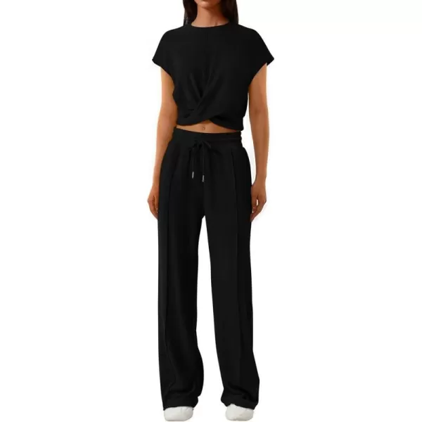 imagePRETTYGARDEN Womens Summer Two Piece Outfits Tracksuit Twist Front Crop Tops T Shirts Wide Leg Pants Matching Lounge SetsBlack