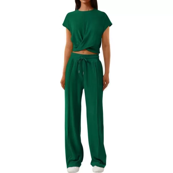 imagePRETTYGARDEN Womens Summer Two Piece Outfits Tracksuit Twist Front Crop Tops T Shirts Wide Leg Pants Matching Lounge SetsDark Green