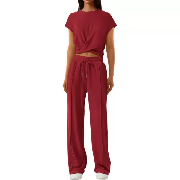 imagePRETTYGARDEN Womens Summer Two Piece Outfits Tracksuit Twist Front Crop Tops T Shirts Wide Leg Pants Matching Lounge SetsDeep Red