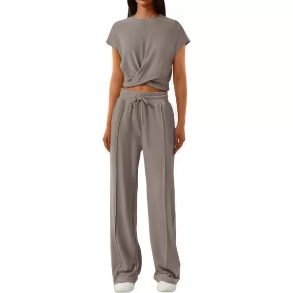 imagePRETTYGARDEN Womens Summer Two Piece Outfits Tracksuit Twist Front Crop Tops T Shirts Wide Leg Pants Matching Lounge SetsGrey
