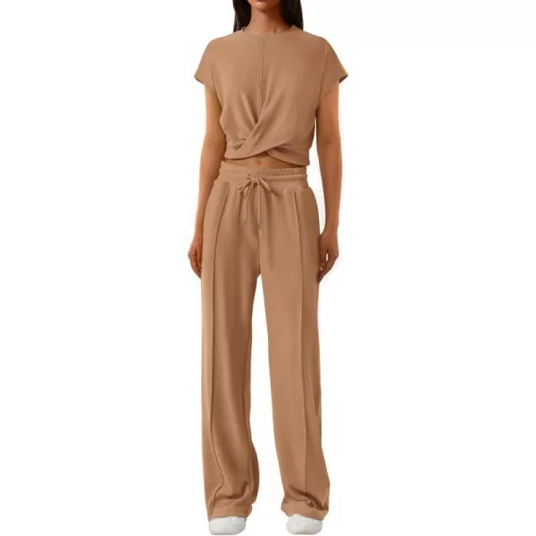 imagePRETTYGARDEN Womens Summer Two Piece Outfits Tracksuit Twist Front Crop Tops T Shirts Wide Leg Pants Matching Lounge SetsKhaki