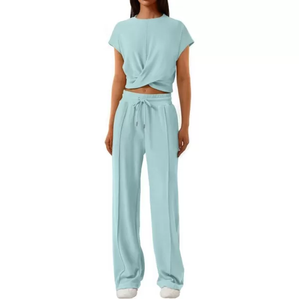 imagePRETTYGARDEN Womens Summer Two Piece Outfits Tracksuit Twist Front Crop Tops T Shirts Wide Leg Pants Matching Lounge SetsLight Blue