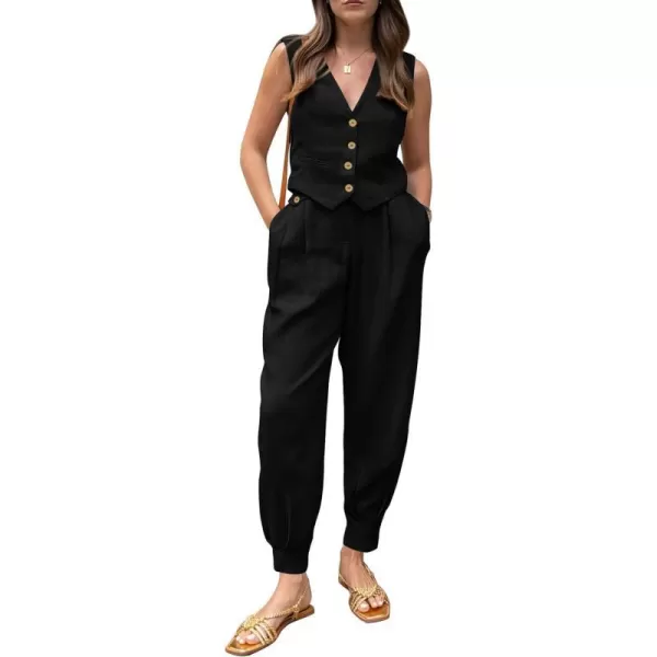 imagePRETTYGARDEN Womens Summer Two Piece Outfits V Neck Button Front Cropped Tank Tops Vest Pockets Pants Cotton Matching SetsBlack