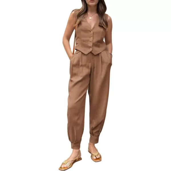 imagePRETTYGARDEN Womens Summer Two Piece Outfits V Neck Button Front Cropped Tank Tops Vest Pockets Pants Cotton Matching SetsBrown