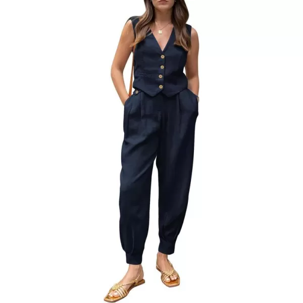 imagePRETTYGARDEN Womens Summer Two Piece Outfits V Neck Button Front Cropped Tank Tops Vest Pockets Pants Cotton Matching SetsDark Blue
