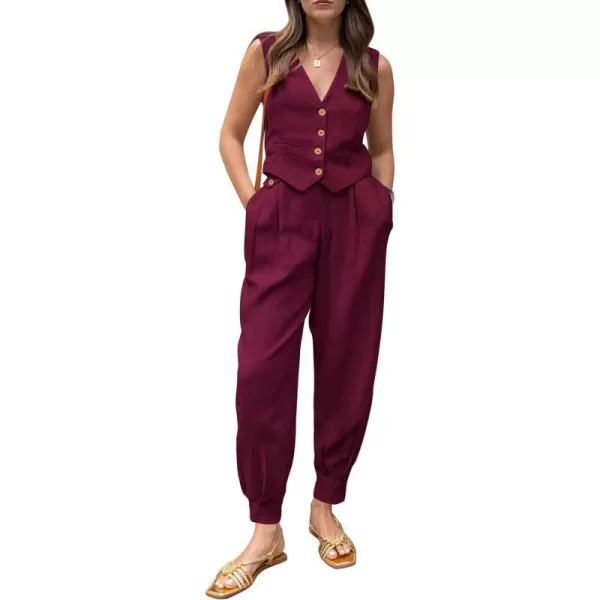 imagePRETTYGARDEN Womens Summer Two Piece Outfits V Neck Button Front Cropped Tank Tops Vest Pockets Pants Cotton Matching SetsDark Red