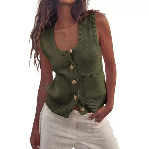 imagePRETTYGARDEN Womens Summer Vests Sleeveless Button Down Knitted Tank Tops Casual Y2K Sweater Vest Blouse with PocketsArmy Green