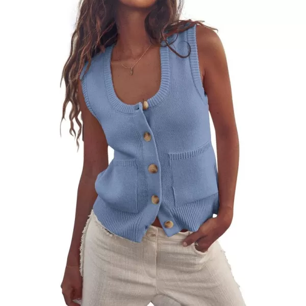 imagePRETTYGARDEN Womens Summer Vests Sleeveless Button Down Knitted Tank Tops Casual Y2K Sweater Vest Blouse with PocketsBlue