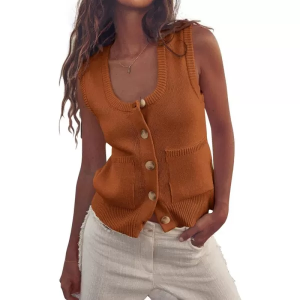 imagePRETTYGARDEN Womens Summer Vests Sleeveless Button Down Knitted Tank Tops Casual Y2K Sweater Vest Blouse with PocketsCaramel