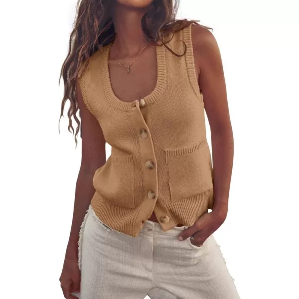imagePRETTYGARDEN Womens Summer Vests Sleeveless Button Down Knitted Tank Tops Casual Y2K Sweater Vest Blouse with PocketsKhaki