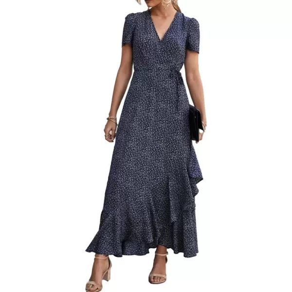 imagePRETTYGARDEN Womens Summer Wrap Maxi Dress Casual Boho Floral V Neck Short Sleeve Ruffle Hem Split Beach Long DressesBlueWhite