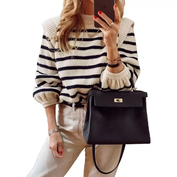 imagePRETTYGARDEN Womens Sweaters Casual Long Lantern Sleeve Crewneck Ribbed Knit Pullover Striped Jumper Tops BlouseBeige Apricot