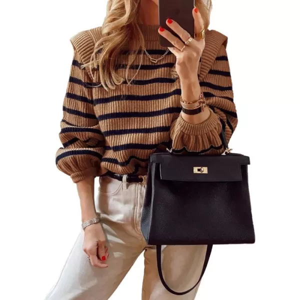 imagePRETTYGARDEN Womens Sweaters Casual Long Lantern Sleeve Crewneck Ribbed Knit Pullover Striped Jumper Tops BlouseBrown