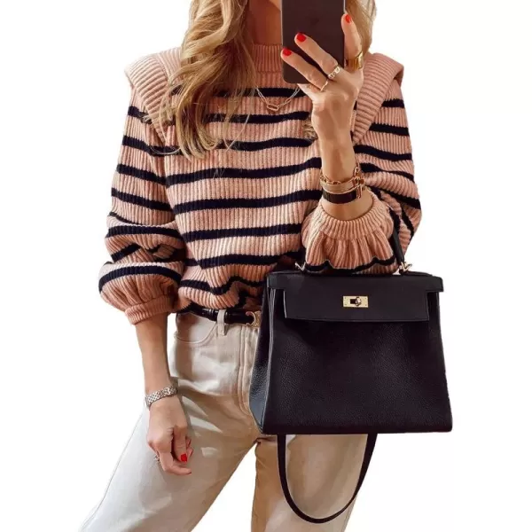 imagePRETTYGARDEN Womens Sweaters Casual Long Lantern Sleeve Crewneck Ribbed Knit Pullover Striped Jumper Tops BlouseNude Pink