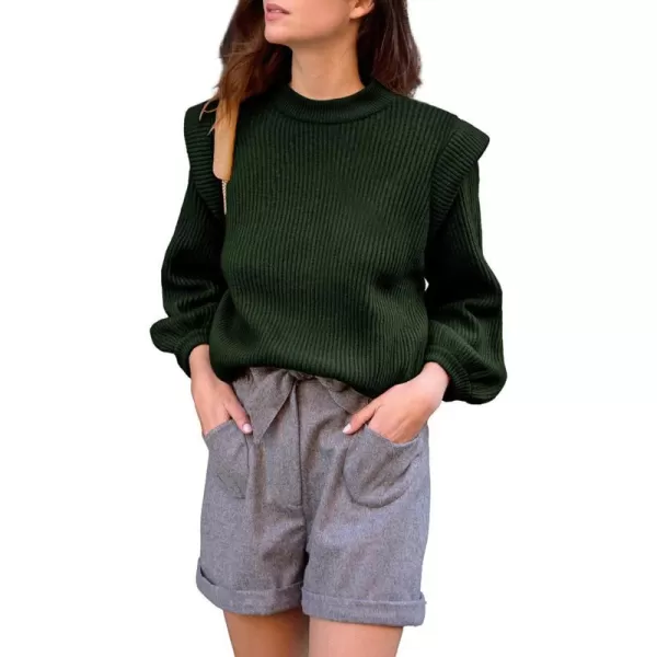 imagePRETTYGARDEN Womens Sweaters Casual Long Lantern Sleeve Crewneck Ribbed Knit Pullover Striped Jumper Tops BlouseSolid Army Green