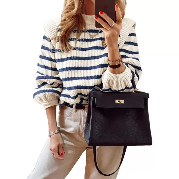 imagePRETTYGARDEN Womens Sweaters Casual Long Lantern Sleeve Crewneck Ribbed Knit Pullover Striped Jumper Tops BlouseStriped Blue