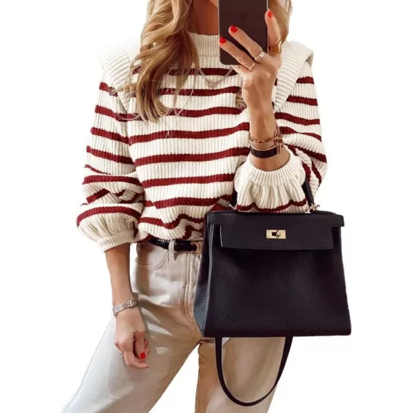 imagePRETTYGARDEN Womens Sweaters Casual Long Lantern Sleeve Crewneck Ribbed Knit Pullover Striped Jumper Tops BlouseStriped Red