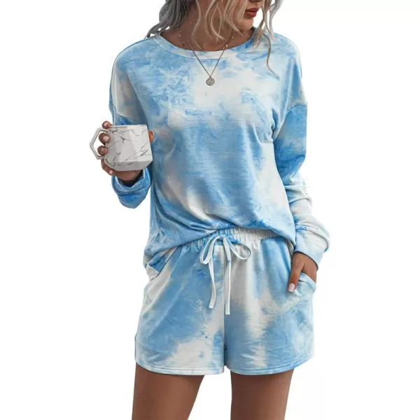 imagePRETTYGARDEN Womens Tie Dye Printed Pajamas Set Long Sleeve Tops With Shorts Lounge Set Casual TwoPiece SleepwearBlue