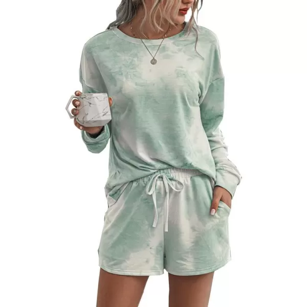 imagePRETTYGARDEN Womens Tie Dye Printed Pajamas Set Long Sleeve Tops With Shorts Lounge Set Casual TwoPiece SleepwearGreen