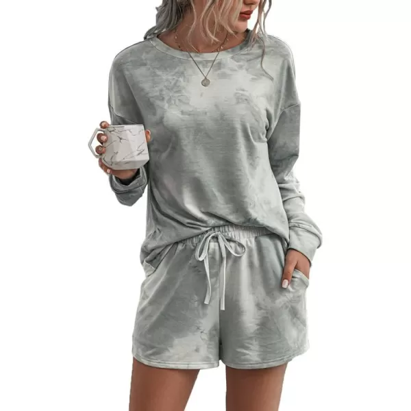imagePRETTYGARDEN Womens Tie Dye Printed Pajamas Set Long Sleeve Tops With Shorts Lounge Set Casual TwoPiece SleepwearGrey