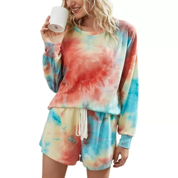 imagePRETTYGARDEN Womens Tie Dye Printed Pajamas Set Long Sleeve Tops With Shorts Lounge Set Casual TwoPiece SleepwearMulticolorwine Red