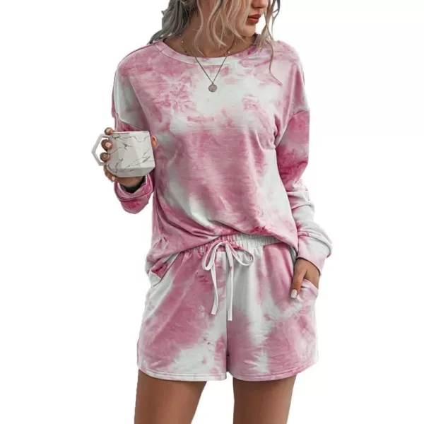 imagePRETTYGARDEN Womens Tie Dye Printed Pajamas Set Long Sleeve Tops With Shorts Lounge Set Casual TwoPiece SleepwearPink