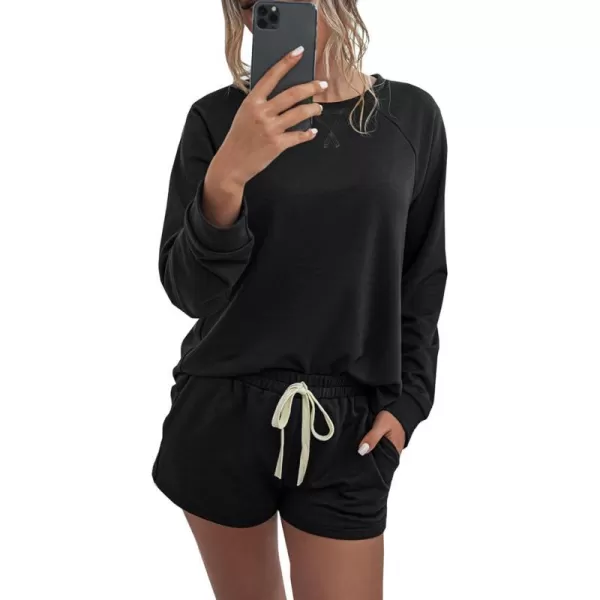imagePRETTYGARDEN Womens Tie Dye Printed Pajamas Set Long Sleeve Tops With Shorts Lounge Set Casual TwoPiece SleepwearSolidblack