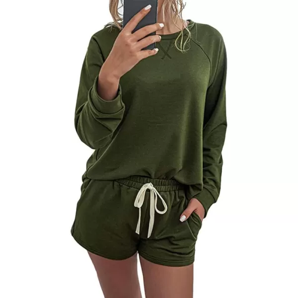 imagePRETTYGARDEN Womens Tie Dye Printed Pajamas Set Long Sleeve Tops With Shorts Lounge Set Casual TwoPiece SleepwearSolidgreen