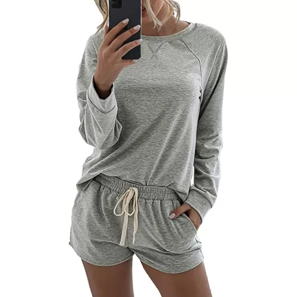 imagePRETTYGARDEN Womens Tie Dye Printed Pajamas Set Long Sleeve Tops With Shorts Lounge Set Casual TwoPiece SleepwearSolidlight Grey