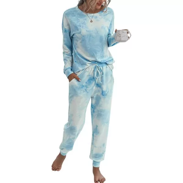 imagePRETTYGARDEN Womens Tie Dye Two Piece Tracksuit Set Long Sleeve Sweatshirt with Long PantsBlue