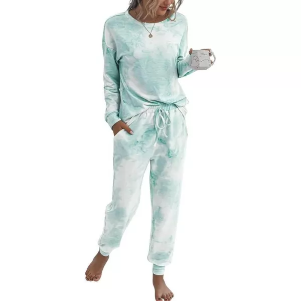 imagePRETTYGARDEN Womens Tie Dye Two Piece Tracksuit Set Long Sleeve Sweatshirt with Long PantsGreen
