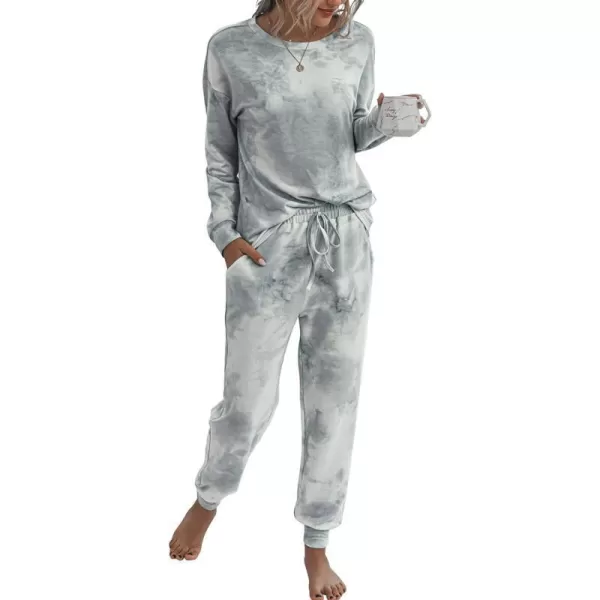 imagePRETTYGARDEN Womens Tie Dye Two Piece Tracksuit Set Long Sleeve Sweatshirt with Long PantsGrey