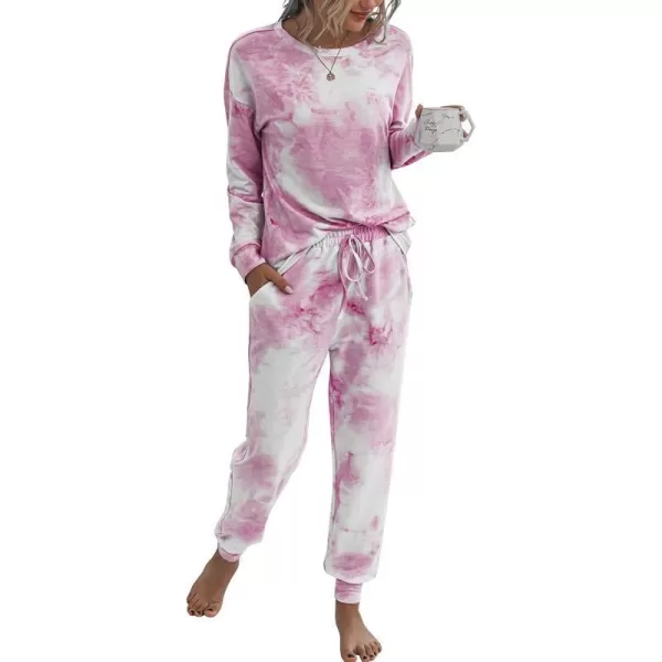 imagePRETTYGARDEN Womens Tie Dye Two Piece Tracksuit Set Long Sleeve Sweatshirt with Long PantsPink