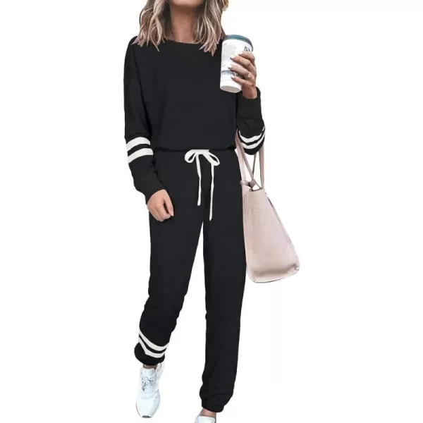 imagePRETTYGARDEN Womens Tie Dye Two Piece Tracksuit Set Long Sleeve Sweatshirt with Long PantsStriped Black