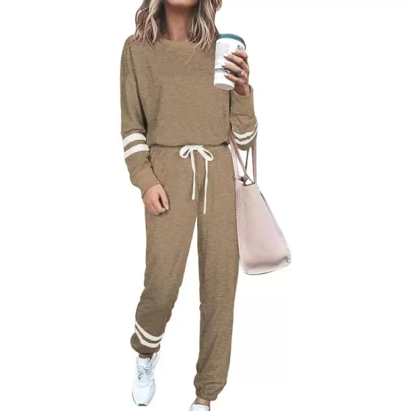 imagePRETTYGARDEN Womens Tie Dye Two Piece Tracksuit Set Long Sleeve Sweatshirt with Long PantsStriped Khaki