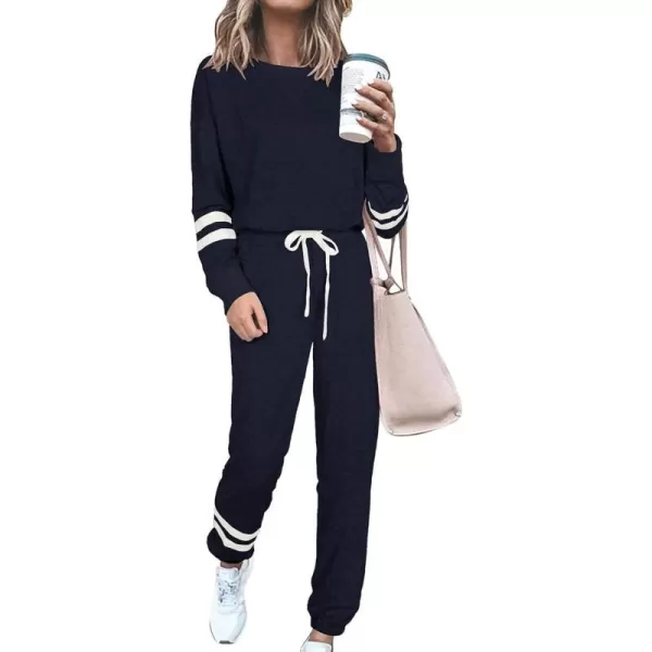 imagePRETTYGARDEN Womens Tie Dye Two Piece Tracksuit Set Long Sleeve Sweatshirt with Long PantsStriped Navy