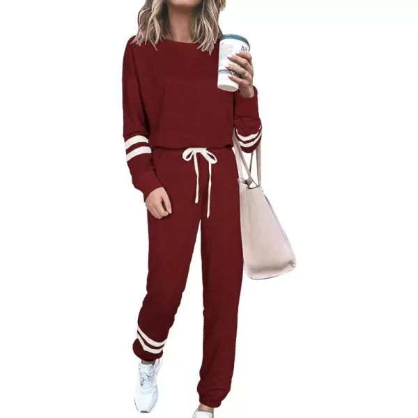 imagePRETTYGARDEN Womens Tie Dye Two Piece Tracksuit Set Long Sleeve Sweatshirt with Long PantsStriped Wine Red