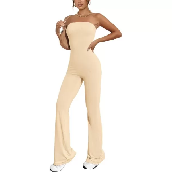 imagePRETTYGARDEN Womens Tube Bodycon Jumpsuits Dressy Casual Ribbed Sleeveless Flare Leg Pants RompersBeige