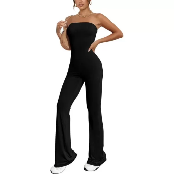 imagePRETTYGARDEN Womens Tube Bodycon Jumpsuits Dressy Casual Ribbed Sleeveless Flare Leg Pants RompersBlack