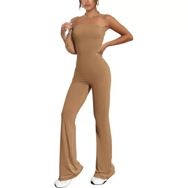 imagePRETTYGARDEN Womens Tube Bodycon Jumpsuits Dressy Casual Ribbed Sleeveless Flare Leg Pants RompersCamel