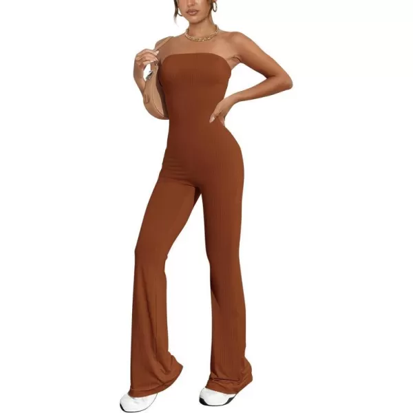 imagePRETTYGARDEN Womens Tube Bodycon Jumpsuits Dressy Casual Ribbed Sleeveless Flare Leg Pants RompersCaramel