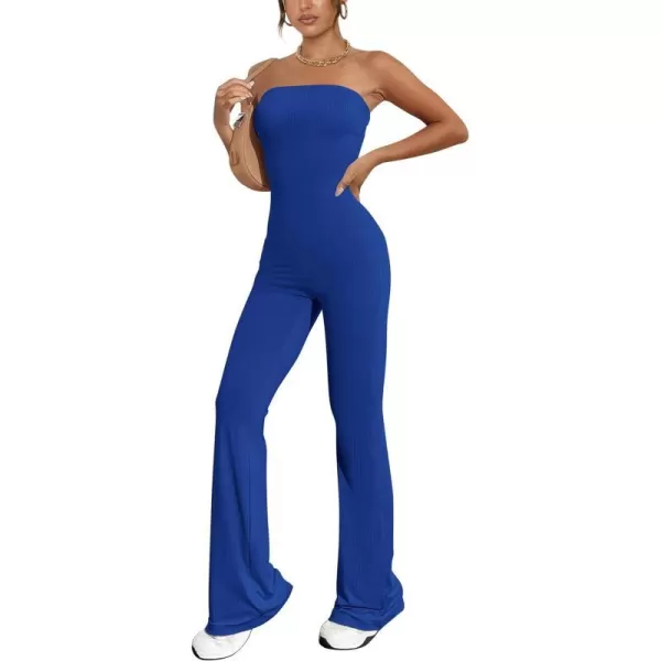 imagePRETTYGARDEN Womens Tube Bodycon Jumpsuits Dressy Casual Ribbed Sleeveless Flare Leg Pants RompersDark Blue