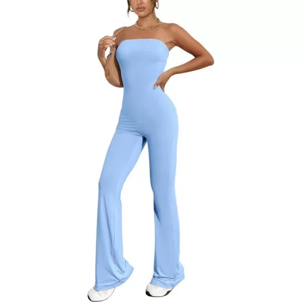 imagePRETTYGARDEN Womens Tube Bodycon Jumpsuits Dressy Casual Ribbed Sleeveless Flare Leg Pants RompersLight Blue