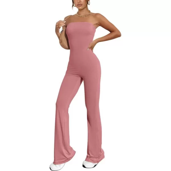 imagePRETTYGARDEN Womens Tube Bodycon Jumpsuits Dressy Casual Ribbed Sleeveless Flare Leg Pants RompersPink