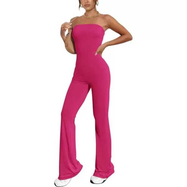 imagePRETTYGARDEN Womens Tube Bodycon Jumpsuits Dressy Casual Ribbed Sleeveless Flare Leg Pants RompersRose Red