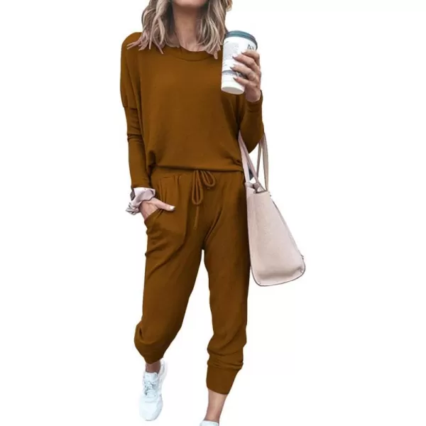 imagePRETTYGARDEN Womens Two Piece Outfit Long Sleeve Crewneck Pullover Tops And Long Pants TracksuitLight Brown