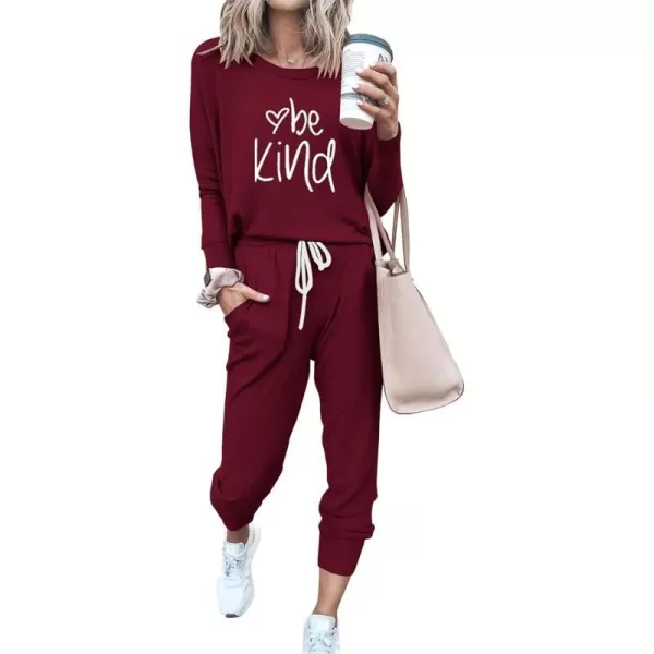 imagePRETTYGARDEN Womens Two Piece Outfit Long Sleeve Crewneck Pullover Tops And Long Pants TracksuitPatternedwine Red