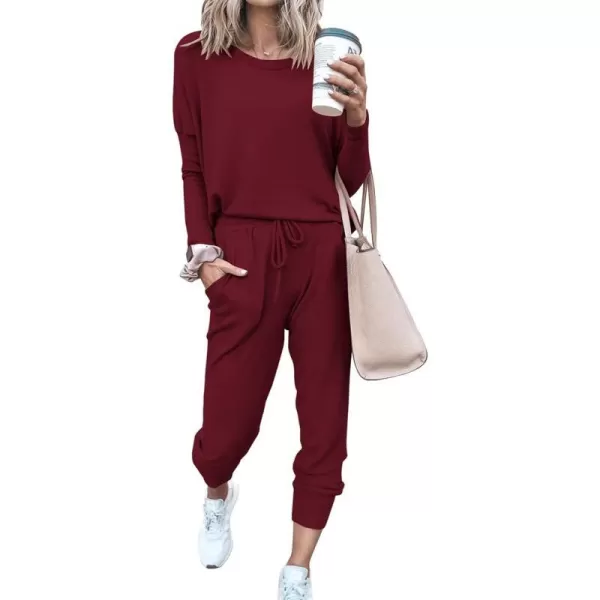 imagePRETTYGARDEN Womens Two Piece Outfit Long Sleeve Crewneck Pullover Tops And Long Pants TracksuitWine Red
